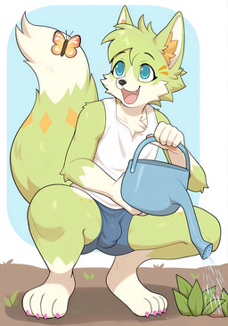 4_toes 5_fingers anthro barefoot big_tail biped black_eyebrows black_nose blue_bottomwear blue_clothing blue_eyes blue_shorts blush blush_lines bottomwear bulge cheek_tuft chest_tuft claws clothed clothed_anthro clothed_male clothing crouching detailed_bulge dipstick_tail eyebrows facial_markings facial_tuft fangs feet fingerpads fingers fully_clothed fully_clothed_anthro fully_clothed_male fur glistening glistening_eyes gloves_(marking) green_body green_fur green_tail head_markings holding_object holding_watering_can inner_ear_fluff leg_markings looking_up male male_anthro markings multicolored_body multicolored_fur multicolored_tail open_mouth open_smile orange_inner_ear_fluff orange_markings pawpads pink_pawpads plant purple_claws shirt shorts simple_background smile socks_(marking) solo spread_legs spreading tail tail_markings tank_top teeth toe_claws toes tongue topwear tuft water watering watering_can white_background white_body white_clothing white_fur white_shirt white_tail white_tail_tip white_tank_top white_topwear kurarifox chervi_(kurarifox) ambient_arthropod ambient_butterfly ambient_insect canid canine fox mammal 2026 digital_media_(artwork) hi_res