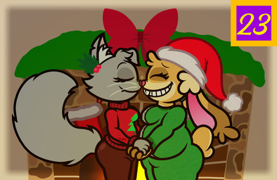 3_fingers anthro biped black_outline bottomwear breasts brown_body brown_bottomwear brown_clothing brown_fur brown_nose brown_pants brown_tail buckteeth butt christmas_clothing christmas_headwear closed_smile clothed clothed_anthro clothed_female clothing duo ear_tuft eyelashes eyes_closed female female/female female_anthro fingers fire fireplace floppy_ears fluffy fluffy_tail fully_clothed fully_clothed_anthro fully_clothed_female fur garland green_jumpsuit grey_body grey_fur grey_hair grey_inner_ear_fluff grey_outline grey_tail hair hand_holding happy hat headgear headwear holidays holly_(plant) inner_ear_fluff inside interspecies light long_ears long_tail lop_ears love medium_breasts mouth_closed nose_to_nose notched_ear number outline overweight overweight_female pants pink_inner_ear plant red_bow red_clothing red_hat red_headwear red_outline red_sweater red_topwear romantic romantic_couple santa_hat scut_tail short_hair short_tail side_view smile sweater tail teeth text_box thick_thighs toothy_grin topwear translucent_border tuft two_tone_tail whiskers captainquack64 christmas caramel_(captainquack64) greycie_(captainquack64) domestic_cat felid feline felis lagomorph leporid mammal rabbit 2025 colored dialogue_in_description digital_drawing_(artwork) digital_media_(artwork) english_description hi_res lighting