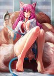 2016 ahri_(lol) animal_humanoid barefoot big_breasts breasts butt canid canid_humanoid canine canine_humanoid clothed clothing covering covering_crotch dripping facial_markings feet female fox fox_humanoid goomrrat hair head_markings humanoid league_of_legends looking_at_viewer mammal mammal_humanoid markings multi_tail necktie partially_clothed pink_hair riot_games sitting smile soap_bubbles solo tail tencent toes underwear water wet wide_hips