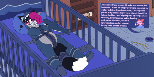 ageplay anthro asylum bdsm blush bondage bound clothed clothing crib diaper female gag hitachi_magic_wand infantilism object_in_mouth pacifier pacifier_gag pacifier_in_mouth prisoner restraints roleplay segufix sex_toy solo straitjacket text vibrator wand_vibrator wearing_diaper moopleplush hitachi ikea blahaj amphibian aquatic axolotl felid feline mammal mole_salamander salamander absurd_res english_text hi_res