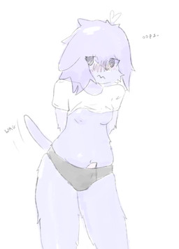 anthro black_clothing black_underwear blush blush_lines breasts bulge clothing dialogue fur genitals gynomorph intersex nervous penis purple_body purple_fur shirt simple_background simple_eyes solo tail tail_motion tailwag topwear underwear white_background white_clothing white_shirt white_topwear softpawcorn canid canine mammal absurd_res hi_res portrait three-quarter_portrait trans_(lore) trans_woman_(lore)