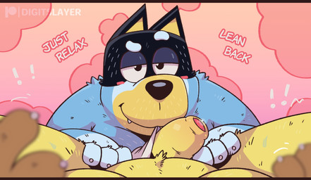 anthro anthro_on_anthro bedroom_eyes belly big_penis bite blush bodily_fluids claws clothed clothing clothing_aside clothing_bite dialogue duo emanata exclamation_point eyebrows first_person_view foreskin fur genital_fluids genitals glans half-erect hand_on_leg hand_on_thigh humanoid_genitalia humanoid_penis imminent_sex looking_at_viewer male male/male motion_lines musclegut muscular muscular_anthro muscular_male narrowed_eyes pecs penis pink_background precum raised_eyebrow seductive simple_background smile sweat sweatdrop talking_to_viewer teeth text thick_penis topless topless_anthro topless_male tuft underwear underwear_aside underwear_bite underwear_only unretracted_foreskin digitslayer bluey_(series) patreon bandit_heeler pat_(bluey) australian_cattle_dog bird_dog canid canine canis cattledog domestic_dog golden_retriever herding_dog hunting_dog mammal pastoral_dog retriever 2026 english_text hi_res letterbox url