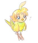 ahoge alternate_species ambiguous_gender avian_feet bangs beak feather_hair feathered_wings feathers feral freckles hair pseudo_hair solo tail tail_feathers wings nyame8 princess_tutu ahiru_(princess_tutu) avian bird low_res