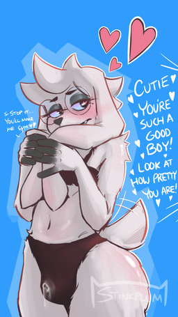 alternative_fashion ambiguous_gender anthro bdsm blush blush_lines bodily_fluids cum eyewear femboy genital_fluids glasses good_boy leaking_cum leaking_precum leaking_through_clothing male petplay praise praise_kink precum roleplay solo tail tail_motion tailwag wearing_glasses stinkplum tomo_(stinkplum) hybrid 9:16 hi_res