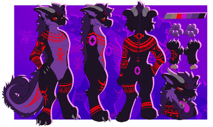 2_horns 3_toes 4_fingers anthro back_mane blowup_background bone border claws color_swatch countershade_face countershade_fur countershade_torso countershading digitigrade feet finger_claws fingers fur grey_horn horn male mane markings pawpads purple_background purple_body purple_fur purple_inner_ear purple_markings purple_pawpads purple_tongue red_eyes red_markings simple_background snout solo tail_mane toe_claws toes tongue tongue_out white_border absurd_res digital_drawing_(artwork) digital_media_(artwork) flat_colors full-length_portrait hi_res model_sheet portrait