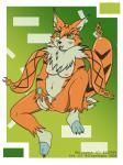 abstract_background anthro anus areola breasts chest_tuft female fur genitals green_eyes navel nipples orange_body orange_fur pussy solo tuft djcoyoteguy bandai_namco digimon digimon_(species) domestic_cat felid feline felis maine_coon mammal meicoomon hi_res