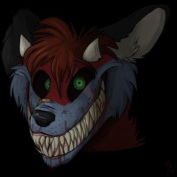 2_horns black_background black_nose black_sclera blood blood_on_face blue_body blue_fur bodily_fluids creepy fur grin hair horn looking_at_viewer male red_body red_eyes red_fur red_hair sharp_teeth short_hair short_horn simple_background small_horn smile solo teeth fuf creepypasta mythology smile.dog canid canine dragon hybrid mammal mythological_creature mythological_scalie scalie 1:1 2018 headshot_portrait portrait