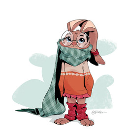 3_toes anthro barefoot blue_eyes bottomwear brown_body brown_fur cheek_tuft clothing eyebrows eyewear facial_tuft feet female floppy_ears freckled_face freckles fur glasses hands_behind_back head_tuft leg_warmers legwear long_ears looking_up oversized_clothing raised_eyebrows scarf simple_background skirt smile solo sweater tied_ears toes topwear tuft wearing_glasses young ruffu paddy_(ruffu) lagomorph leporid mammal rabbit digital_drawing_(artwork) digital_media_(artwork)