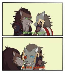 ambiguous_gender anthro bread claws clothed clothing cybernetics duo food fully_clothed fur humor machine rougedoodles blizzard_entertainment idiot_sandwich warcraft dristen canid canine mammal werecanid werecreature worgen absurd_res hi_res meme