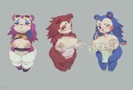 anthro apron apron_only areola big_areola big_breasts big_nipples black_nose blue_body blue_ears blue_eyebrows blue_fur blush blush_stickers bodily_fluids bottomwear breasts brown_body brown_ears brown_eyebrows brown_fur clothed clothing countershading exposed_breasts eyebrows female freckles fur grey_background group huge_areola huge_breasts huge_nipples jacket lactating muffin_top narrowed_eyes nipples open_clothing open_jacket open_topwear pants purple_body purple_ears purple_eyebrows purple_fur quills_(anatomy) shirt simple_background slightly_chubby slightly_chubby_female tan_areola tan_body tan_countershading tan_fur tan_inner_ear tan_nipples thick_thighs topwear trio wide_hips cha_tuo_yan animal_crossing nintendo label_able mabel_able sable_able eulipotyphlan hedgehog mammal absurd_res hi_res