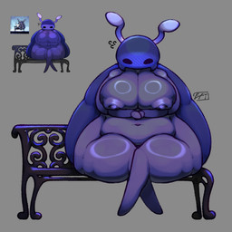 andromorph anthro areola belly bench big_breasts big_butt black_eyes blue_body blush breasts butt female female/female female_anthro genitals grey_body horn huge_breasts huge_hips huge_thighs intersex large_female looking_at_viewer nipples non-mammal_breasts non-mammal_nipples not_furry nude overweight overweight_anthro overweight_female shy simple_background sitting slightly_chubby solo thick_thighs wide_hips efi_trefi hollow_knight_(franchise) team_cherry bretta_(hollow_knight) arthropod beetle humanoid insect 1:1 digital_media_(artwork) hi_res female_(lore)
