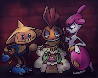 ambiguous_gender blue_eyes bodily_fluids brown_eyes cigarette gang group mohawk open_mouth scar smoking sweat text vaporotem nintendo pokemon generation_2_pokemon generation_3_pokemon generation_5_pokemon hitmontop humanoid medicham pokemon_(species) scrafty whimsicott 5:4 english_text