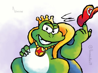anthro cloak cloak_only clothed clothing crown crown_only hat headgear headgear_only headwear jewelry male mostly_nude necklace necklace_only nude partially_clothed solo spinning_hat vinnydonas19 mario_bros nintendo wart_(mario) amphibian frog hi_res