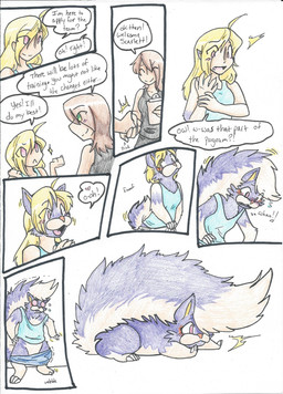 big_tail biped_to_quadruped blonde_hair brown_hair clothing dialogue duo female feral green_eyes growth hair heart_symbol human_to_feral lying on_front oversized_clothing pink_eyes shirt simple_background species_transformation speech_bubble tail tail_growth tank_top text topwear transformation white_background rainbowraven nintendo pokemon generation_4_pokemon human mammal mephitid pokemon_(species) skunk skuntank 2015 comic english_text hi_res sequence