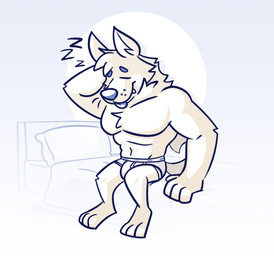 anthro barefoot bed black_text blue_nose briefs briefs_only clothed clothing eyebrows eyes_closed feet fur furniture gradient_background grey_background male monotone_briefs monotone_clothing monotone_underwear muscular muscular_male pillow simple_background solo text thick_eyebrows tighty_whities tired toony tooth_showing topless topless_anthro topless_male underwear underwear_only whiskers white_body white_briefs white_clothing white_fur white_pillow white_sheets white_underwear goronic canid canine canis domestic_dog mammal english_text