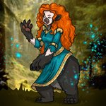 alternate_species breasts brown_body brown_fur clothing dress female fur grass hair long_hair magic mid_transformation open_mouth pawpads plant red_hair solo species_transformation standing surprise transformation blacksheeptfs brave_(disney) disney pixar merida bear human mammal 1:1 absurd_res hi_res