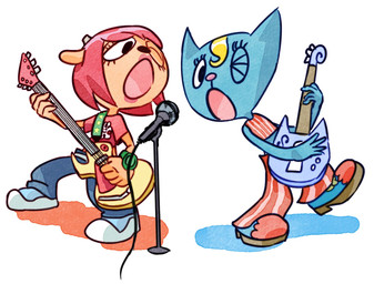 blonde_hair blue_body blue_fur clothed clothing crop_top duo electric_guitar fur guitar hair midriff musical_instrument orange_body orange_fur plucked_string_instrument red_hair shirt string_instrument topwear papadripopoulos parappa_the_rapper sony_corporation sony_interactive_entertainment um_jammer_lammy katy_kat lammy_lamb bovid caprine domestic_cat felid feline felis mammal sheep