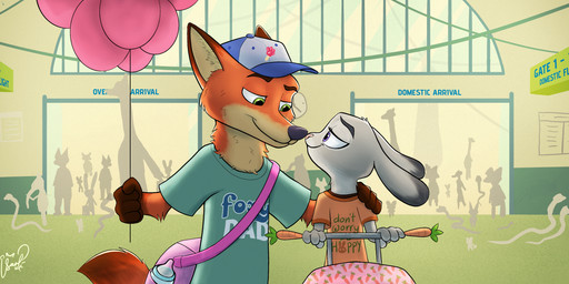 4_fingers anthro baby_bottle balloon baseball_cap black_nose breasts clothed clothed_anthro clothed_female clothed_male clothing duo female female_anthro fingers food fur gloves_(marking) green_eyes grey_body grey_fur hat headgear headwear humanoid_hands inflatable interspecies interspecies_romance larger_male looking_at_another looking_at_partner looking_down looking_down_at_another looking_down_at_partner looking_up looking_up_at_another looking_up_at_partner male male/female male_anthro markings multicolored_body multicolored_fur pawpsicle pink_nose popsicle purple_eyes red_body red_fur romantic romantic_couple shirt size_difference smaller_female smile standing stroller t-shirt tail text topwear two_tone_body two_tone_fur white_body white_fur isaal_suli disney zootopia judy_hopps nick_wilde canid canine european_rabbit fox lagomorph leporid mammal oryctolagus rabbit red_fox reptile scalie snake true_fox absurd_res english_text hi_res signature
