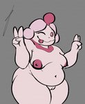 absurd_res anthro belly big_belly big_butt breasts butt curvy_figure deep_navel digital_media_(artwork) eye_moisturizer female food generation_6_pokemon genitals hair hi_res looking_at_viewer mammal navel nintendo nipples nude one_eye_closed overweight overweight_anthro overweight_female pokemon pokemon_(species) potbelly pussy simple_background slurpuff smile solo thick_thighs tongue tongue_out wide_hips wink
