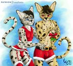 anthro blue_eyes blush bulge christmas_clothing clothed clothing countershading duo femboy hair holidays holly_(plant) male male/male plant red_eyes seductive simple_background smile suggestive suggestive_look suggestive_posing lunasimia christmas fin_(lunasimia) sohan_(lunasimia) felid feline mammal serval absurd_res hi_res