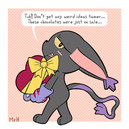 black_body black_eyes black_fur black_nose blush box_of_chocolates candy chocolate clothing dessert dialogue female food fur gloves handwear heart_eyes heart_symbol open_mouth pink_tongue sharp_teeth simple_background solo speech_bubble teeth text tongue tsundere yellow_eyes mr_harinezumi bandai_namco digimon nera_(el_senor_erizo) blackgatomon digimon_(species) 2025 colored english_text spanish_description spanish_text
