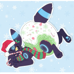 4_fingers 4_toes ambiguous_gender big_diaper black_body black_ear_tips black_ears black_fur black_nose black_tail black_tail_tip blue_body blue_ears blue_fur blue_pawpads blue_tail candy candy_cane candy_cane_in_mouth christmas_clothing christmas_headwear clean_diaper clothed clothing dessert diaper dipstick_ears dipstick_tail ear_markings facial_markings feet feral fingers food forehead_markings fur glowing glowing_markings green_scarf hat head_markings headgear headwear heart_symbol holding_candy holding_candy_cane holding_food holding_object holidays holly_(plant) huge_diaper looking_back lying markings multicolored_body multicolored_ears multicolored_fur on_front one_eye_closed pattern_background pattern_clothing pattern_diaper pattern_scarf pawpads plant red_scarf ring_(marking) ringed_ears ringed_tail santa_hat scarf simple_background smile snowflake_pattern solo striped_clothing striped_markings striped_scarf striped_tail stripes tail tail_markings toes two_tone_body two_tone_ears two_tone_fur two_tone_tail wearing_diaper yellow_sclera jupiters christmas nintendo pokemon cress_(sanicgamer1999) eeveelution generation_2_pokemon pokemon_(species) shiny_pokemon umbreon 1:1 2023 hi_res letterbox