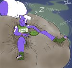 anthro big_diaper big_tail blush bodily_fluids butt claws clothing diaper drooling excessive_feces feces fluffy fluffy_tail footwear freckled_face freckles fur green_clothing huge_diaper hyper hyper_feces hyper_soiling male onesie onesie_open onomatopoeia open_mouth pawpads pooping purple_body purple_fur saliva saliva_string sitting sleep_pooping sleeping socks soiled_diaper soiling soiling_diaper solo sound_effects star_symbol stink_fumes stink_lines tail text text_on_onesie toeless_footwear toeless_socks unclean_diaper used_diaper poofbuttrocky star_(gibsonscratch) mammal mephitid skunk 2022 hi_res