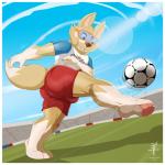 1:1 aaron_(artist) action_pose anthro ball barefoot biped border bottomwear bulge butt canid canine canis clothing day digital_media_(artwork) eyewear feet fifa goggles hi_res kick low-angle_view male mammal mascot open_mouth outside pawpads pose russia russian shaded sharp_teeth shirt shorts signature sky smile soccer soccer_ball solo sport stadium t-shirt teeth text text_on_clothing text_on_shirt text_on_topwear tight_clothing topwear white_border wolf zabivaka
