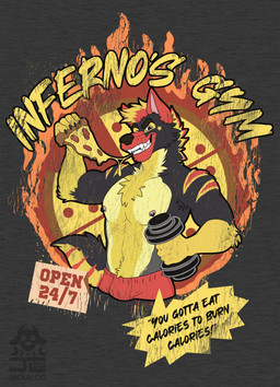 anthro athletic athletic_anthro athletic_male bottomwear clothed clothing food holding_weights male male_anthro markings pizza red_bottomwear red_clothing solo star_(marking) text topless topless_male jackaloo infernowolf canid canine canis mammal wolf 2026 absurd_res artist_name dated hi_res