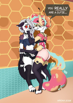 4_arms anthro blush bottomless bottomless_anthro bottomless_female bottomwear bra bra_only breasts butt clothed clothing dialogue duo eye_contact feet female female/female fingering fingering_partner fingers fur genitals hair hand_on_muzzle looking_at_another multi_arm multi_limb red_sclera sex shorts smile speech_bubble standing tail text toes topwear underwear underwear_only vaginal vaginal_fingering vulva white_body white_fur wroniasty hellaverse helluva_boss mythology loona_(helluva_boss) queen_bee-lzebub_(helluva_boss) arthropod canid canid_demon canine canis demon fox hellhound hybrid insect mammal mythological_canine mythological_creature digital_media_(artwork) english_text hi_res