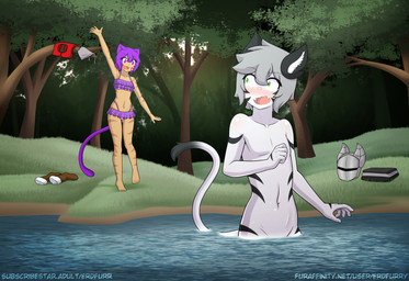 anthro bathing bikini breasts clothing convenient_censorship detailed_background duo female fur grey_hair hair male markings nude purple_hair river skinny_dipping swimwear text two-piece_swimsuit white_body white_fur willfurr skyline_(comic) ben_(skyline) louise_(skyline) felid feline mammal suguiki hi_res