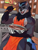 anthro appliance apron apron_only batter biceps blue_eyes bowl claws clothing container ear_piercing finger_claws food_on_chest highlights_(coloring) kitchen kitchen_appliance kitchen_utensils male muscular muscular_anthro muscular_male neck_tuft nipples one_eye_closed piercing pink_nipples pink_tongue sharp_teeth smile solo tail teeth tongue tools tuft wink yellow_sclera oreonart garret_(wo1fman) canid canine canis mammal wolf absurd_res animated hi_res no_sound short_playtime webm