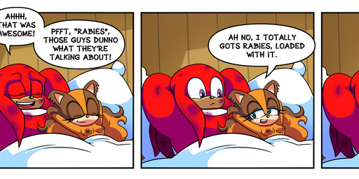 after_sex anthro bed_sheet bedding bite_mark blue_eyes breasts brown_hair dialogue duo female hair hands_behind_head humor long_hair looking_at_another lying male nipples on_back open_mouth pillow purple_eyes red_hair smile speech_bubble text wide_eyed hyoumaru sega sonic_boom sonic_the_hedgehog_(series) knuckles_the_echidna sticks_the_jungle_badger badger echidna mammal monotreme mustelid musteline 2020 english_text hi_res