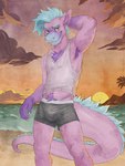 anthro armpit_hair beach bedroom_eyes big_tail blue_hair body_hair chest_hair clothed clothing cloud facial_piercing green_eyes hair happy_trail long_tail looking_at_viewer male narrowed_eyes nose_piercing nose_ring outside pantsless piercing pink_body pink_skin ring_piercing scratching_head sea seductive shirt sky skyscape solo standing sun sunset tail tank_top topwear water leon_cheetah mythology dragon mythological_creature mythological_scalie scalie hi_res