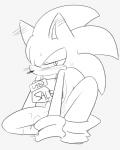 after_sex anthro biped blush bodily_fluids cum cum_drip cum_on_leg dripping ear_blush for_sale genital_fluids grey_background male sign simple_background sitting solo sweat sikai sega sonic_the_hedgehog_(series) sonic_the_hedgehog eulipotyphlan hedgehog mammal 4:5 greyscale monochrome