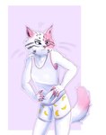 anthro blue_eyes bottomwear clothing dipstick_tail female fur hands_on_hips markings pink_inner_ear pink_tail_tip red_nose shirt shorts simple_background solo standing tail tail_markings tank_top topwear underwear white_body white_clothing white_fur white_shirt white_tail white_tank_top white_topwear young young_female kitsune2000 domestic_cat felid feline felis hybrid mammal pallas's_cat digital_drawing_(artwork) digital_media_(artwork) hi_res