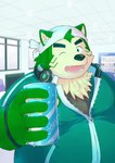 anthro belly beverage canned_drink eyebrows fur green_body green_fur kemono kerchief male one_eye_closed overweight soda solo thick_eyebrows wink d6lmf lifewonders live_a_hero mokdai canid canine canis domestic_dog mammal hi_res