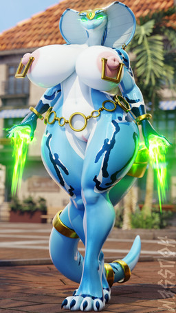 abs accessory anthro areola big_breasts blue_body bracelet breasts claws crown detailed_background feet female furgonomics furry-specific_piercing genitals glistening glistening_arms glistening_body glistening_breasts glistening_feet glistening_legs glistening_scales glistening_skin glistening_thighs glowing glowing_eyes green_eyes grin headgear huge_breasts jewelry jewelry_only looking_at_viewer looking_down magic_user markings muscular muscular_female nails navel nipple_piercing nipples piercing scales sharp_nails small_waist smile snake_hood snake_hood_piercing solo standing tail tail_accessory tail_bracelet tail_jewelry thick_thighs toe_claws vulva white_body wide_hips houssem captainflapcats_(rigger) valorlynz_(modeler) dariana_(quetzaly) reptile scalie 2025 3d_(artwork) 9:16 absurd_res digital_media_(artwork) hi_res