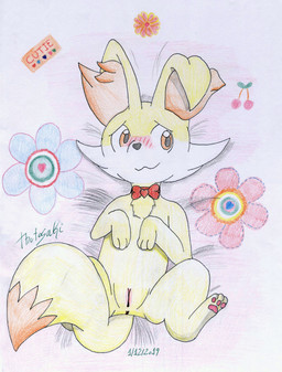3_toes anus barefoot belly big_ears black_nose blush bow_tie cheek_tuft cherry chest_tuft closed_smile dipstick_tail facial_tuft feet female feral floppy_ears flower fluffy fluffy_ears fluffy_tail food front_view fruit fur fur_markings fur_tuft genitals glistening glistening_eyes humanoid_genitalia humanoid_vulva inner_ear_fluff innie_vulva looking_at_viewer looking_forward lying markings monotone_anus monotone_belly monotone_genitals mouth_closed multicolored_body multicolored_ears multicolored_face multicolored_fur multicolored_tail nude on_back orange_body orange_ears orange_eyes orange_fur orange_markings orange_tail pawpads paws pink_anus pink_pawpads pink_vulva plant plump_labia pointy_ears pose prick_ears pupils red_bow_tie smile snout solo spread_legs spreading tail tail_between_legs tail_markings toes tuft two_tone_ears two_tone_face two_tone_tail vulva white_body white_face white_fur x_anus yellow_belly yellow_body yellow_ears yellow_face yellow_fur yellow_tail katsurokurosaki nintendo pokemon canid fennekin generation_6_pokemon mammal pokemon_(species) 2019 absurd_res full-length_portrait hi_res pinup portrait signature traditional_media_(artwork)