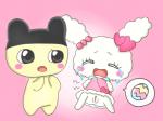 blush blush_stickers bodily_fluids clothed clothing crying dress egg female hat headgear headwear heart_symbol labor no_underwear open_mouth pink_background pregnant simple_background speech_bubble tears mikanzume tamagotchi lovelitchi mametchi pictographics