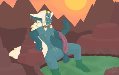 3_eyes 4_horns 5_fingers 5_toes abs animal_genitalia animal_penis attached_sheath balls big_ears blue_eyes caprine_genitalia caprine_penis cute_fangs death_mountain dipstick_arms ear_piercing ear_ring eye_markings facial_markings facial_piercing fangs feet fingers fluffy fluffy_hair fur genitals hair head_markings horn hot_spring humanoid_feet lemon_testicles long_hair long_penis male markings mountain_range multi_eye multi_horn nipples orange_navel orange_nipples penis piercing pink_flesh plantigrade ring_piercing saggy_balls sheath simple_background sitting smile smirk tan_hair teal_body teal_fur teeth toes urethral_process water yellow_horn yashak nintendo tears_of_the_kingdom the_legend_of_zelda rauru_(tears_of_the_kingdom) bovid caprine mammal zonai 2025 absurd_res hi_res watermark