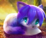 blue_body blue_fur curled_up daww detailed_fur female feral fluffy fur green_eyes lying on_front text v-tal vtalfluffy krysi canid canine fox mammal 2020 absurd_res detailed hi_res url