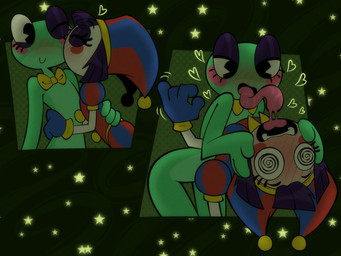 4_fingers anthro big_eyes blue_clothing blue_gloves blue_handwear blush blush_lines blushing_profusely bodily_fluids bow_tie bow_tie_only clothing duo extended_tongue eyes_closed female female/female fingers fool's_hat french_kissing glistening_eyelids gloves green_body green_skin hand_around_waist hand_on_face hand_on_head handwear hat headgear headwear heart_symbol humanoid_hands jester jester_outfit kiss_on_cheek kissing long_tongue mostly_nude multicolored_clothing multicolored_gloves multicolored_handwear naturally_unclothed one_eye_closed open_mouth pie_cut_eyes pink_tongue puffy_sleeves saliva saliva_on_tongue spiral spiral_eyes star_symbol teeth tongue tongue_out white_body yellow_bow_tie whygena glitch_productions the_amazing_digital_circus pomni_(tadc) ribbit_(tadc) amphibian frog human mammal comic hi_res multiple_scenes