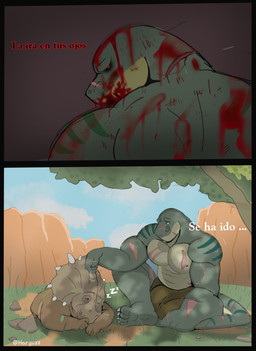 blood bodily_fluids bruz duo feral male red_eyes sangre scar tail harguzz mr._thicknose_(the_land_before_time) dinosaur prehistoric_species reptile saurischian scalie theropod tyrannosaurid tyrannosauroid tyrannosaurus tyrannosaurus_rex absurd_res comic hi_res