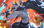 abs anthro arm_wrapping black_facial_markings black_markings bulge cape cheek_tuft clothing cross cutting dual_wielding facial_markings facial_tuft food fruit fur fuzzy genital_outline grey_body grey_fur head_markings holding_object holding_weapon holidays jack-o'-lantern kemono male markings mask_(marking) muscular muscular_anthro muscular_male navel neck_tuft open_mouth open_smile plant pose pumpkin red_eyes sickle smile solo tuft v-cut weapon kuromonsart dreamworks halloween puss_in_boots_(franchise) death_(puss_in_boots) bat canid canine canis mammal wolf 2023 absurd_res colorful_theme hi_res portrait three-quarter_portrait