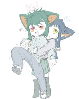 accessory ambiguous_gender anthro blue_hair blush bottomwear chibi clothing duo green_hair hair hair_accessory kemono long_hair oversized_bottomwear oversized_clothing oversized_pants pants red_eyes school_uniform short_hair skirt uniform yellow_eyes guo1 kakamori yutamori unknown_species hi_res sketch