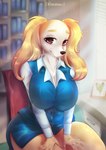 aggretsuko anthro bedroom_eyes big_breasts blonde_hair breasts canid canine canis clothing costume curvy_figure domestic_dog female hair hi_res huge_breasts inui_(aggretsuko) kiwanoni mammal narrowed_eyes office sanrio seductive smile solo thick_thighs