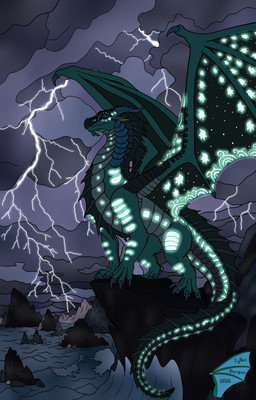 ambiguous_gender bioluminescence claws cliff cloud dark_clouds electricity feral glowing glowing_body glowing_scales horn lightning night open_wings overcast rock scales sea side_view sky solo spikes standing storm tail water wave tylbo_dergun mythology stormbound wings_of_fire hydrobreaker_(tylbo_dergun) dragon hybrid mythological_creature mythological_scalie nightwing scalie seawing absurd_res cover_art digital_media_(artwork) full-length_portrait hi_res portrait tagme male_(lore)