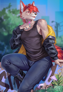 anthro boots bottomwear building candy clothing denim denim_bottomwear denim_clothing dessert flower food footwear graffiti graffiti_on_wall hoodie_jacket jacket jeans leaning_against_object leaning_against_wall lollipop male pants plant power_lines shirt shoes skyscraper solo strapped_boots tank_top topwear tree avocado_seed michael_thumpings_(darkflamewolf) canid canine canis mammal wolf hi_res