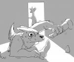 blush buttplug clothed clothing dildo duo humor male plug_(sex_toy) sex_toy walk-in nobby_(artist) pack_street al_(weaver) velvet_roe_(weaver) canid canine canis domestic_dog mammal wolf black_and_white line_art monochrome